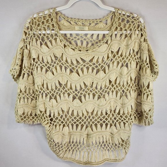 Millau Sweaters - Millau Womens Open Knit Crop Wide Sleeve Beige Sweater Size Small